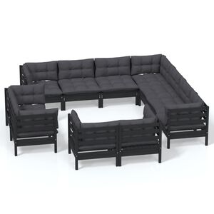 vidaXL 11 Piece Garden Lounge Set with Cushions Black Solid Pinewood
