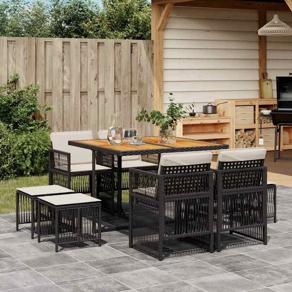 vidaXL 9 Piece Garden Dining Set with Cushions Black Poly Rattan