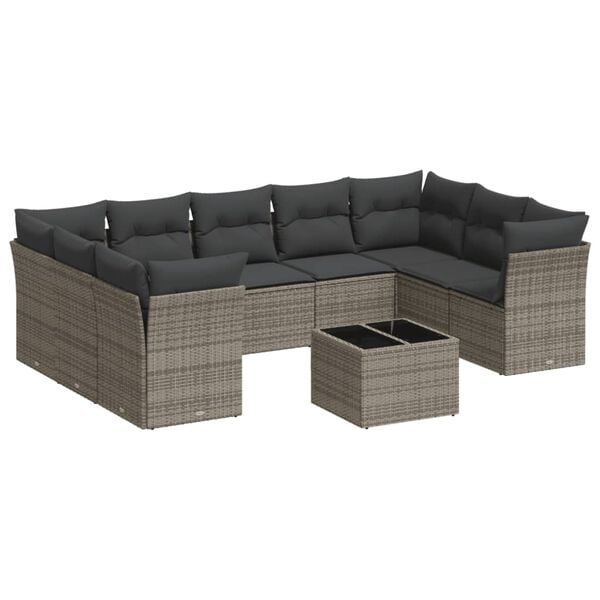 vidaXL 10 Piece Garden Sofa Set with Cushions Grey Poly Rattan