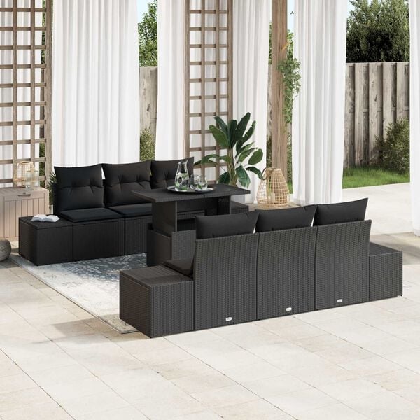 vidaXL Sofa Set with Cushion Height Adjustable 7 pcs Black Poly Rattan