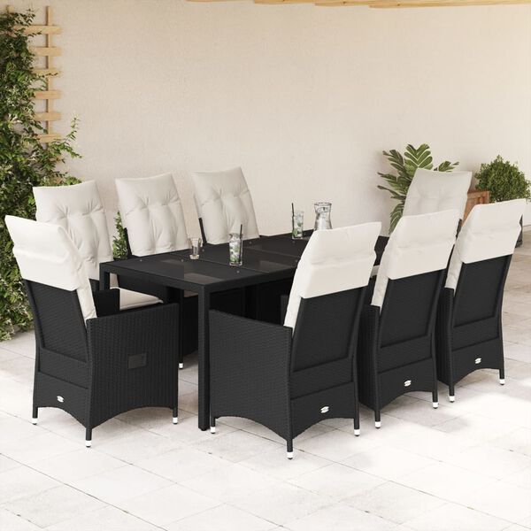 vidaXL 9 Piece Garden Dining Set with Cushions Black Poly Rattan