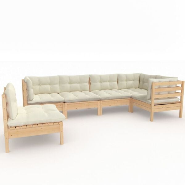 vidaXL 6 Piece Garden Lounge Set with Cream Cushions Pinewood