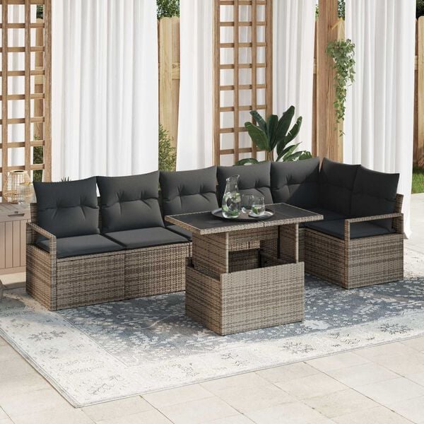 vidaXL Garden Sofa Set with Storage 7 pcs Grey Poly rattan