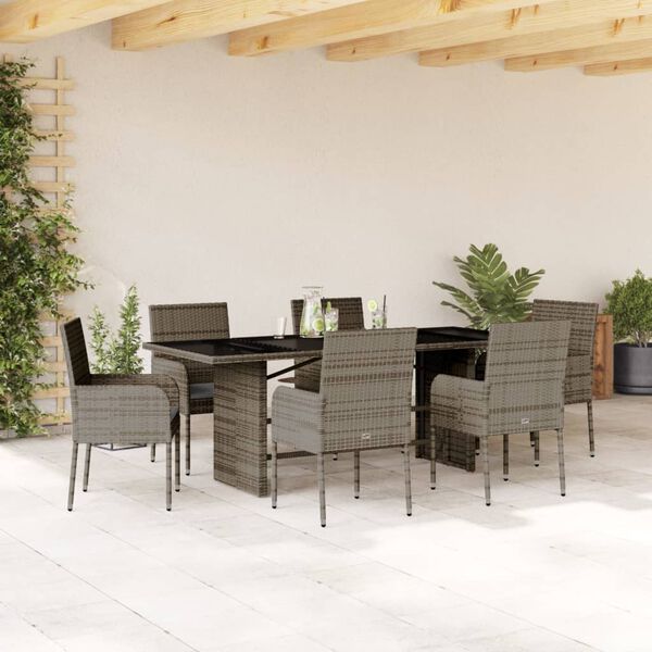 vidaXL 7 Piece Garden Dining Set with Cushions Grey Poly Rattan