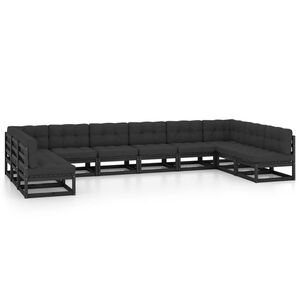vidaXL 10 Piece Garden Lounge Set with Cushions Black Solid Pinewood