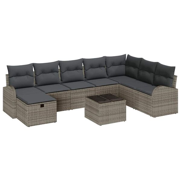 vidaXL Garden Sofa Set with Cushion 9 pcs Grey Poly rattan