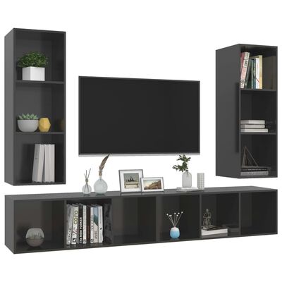 vidaXL Wall-mounted TV Cabinets 4 pcs High Gloss Grey Engineered Wood