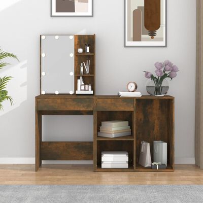 vidaXL LED Dressing Table with Cabinet Smoked Oak Engineered Wood
