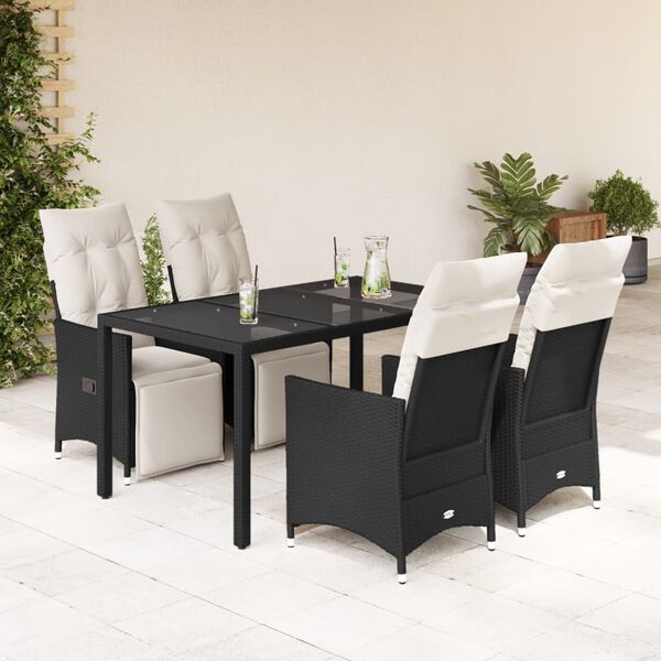 vidaXL 5 Piece Garden Dining Set with Cushions Black Poly Rattan