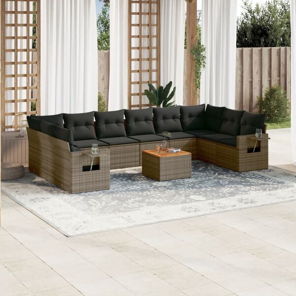 vidaXL 11 Piece Garden Sofa Set with Cushions Grey Poly Rattan