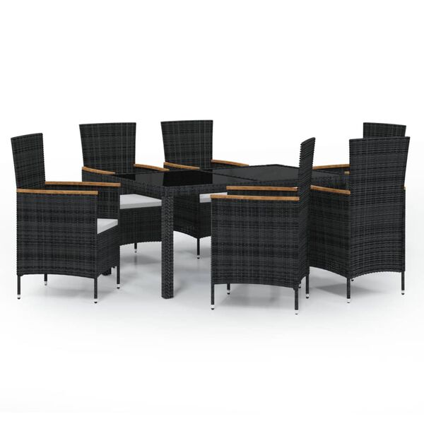 vidaXL 7 Piece Outdoor Dining Set with Cushions Poly Rattan Black