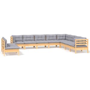 vidaXL 10 Piece Garden Lounge Set with Grey Cushions Solid Pinewood