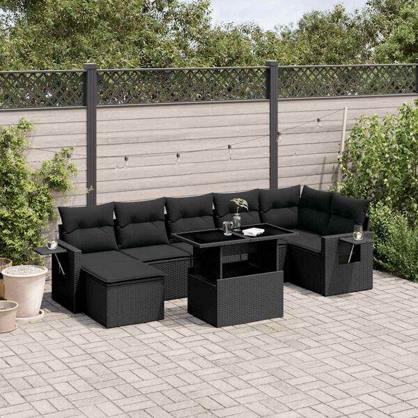vidaXL 8 Piece Garden Sofa Set with Cushions Black Poly Rattan