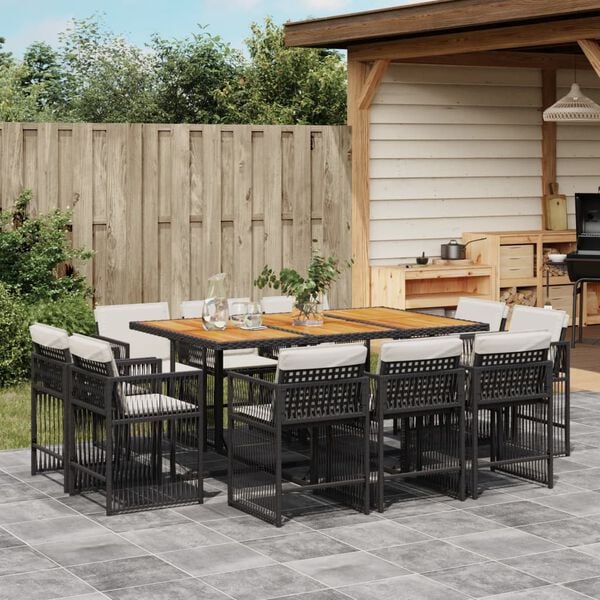 vidaXL 11 Piece Garden Dining Set with Cushions Black Poly Rattan