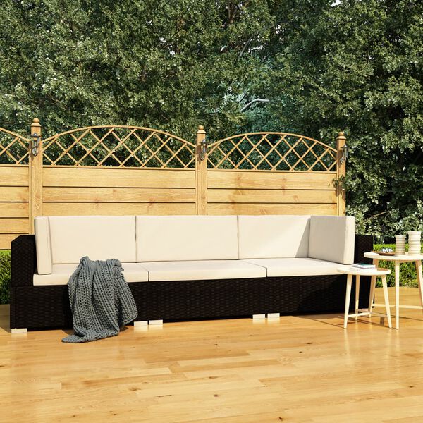 vidaXL 3 Piece Garden Sofa Set with Cushions Poly Rattan Black