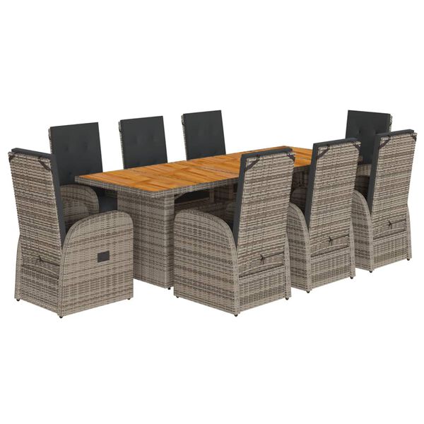 vidaXL 9 Piece Garden Dining Set with Cushions Grey Poly Rattan