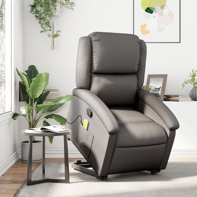 vidaXL Stand up Massage Recliner Chair Grey Real Leather