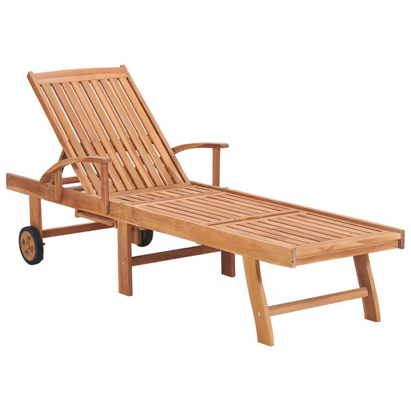 vidaXL Sun Lounger with Grey Check Pattern Cushion Solid Teak Wood