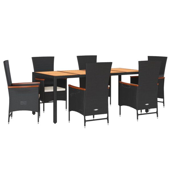 vidaXL 7 Piece Garden Dining Set with Cushions Black Poly Rattan