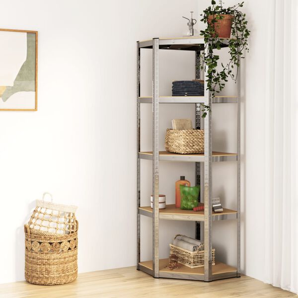 vidaXL 5-Layer Corner Shelf Silver Steel&Engineered Wood
