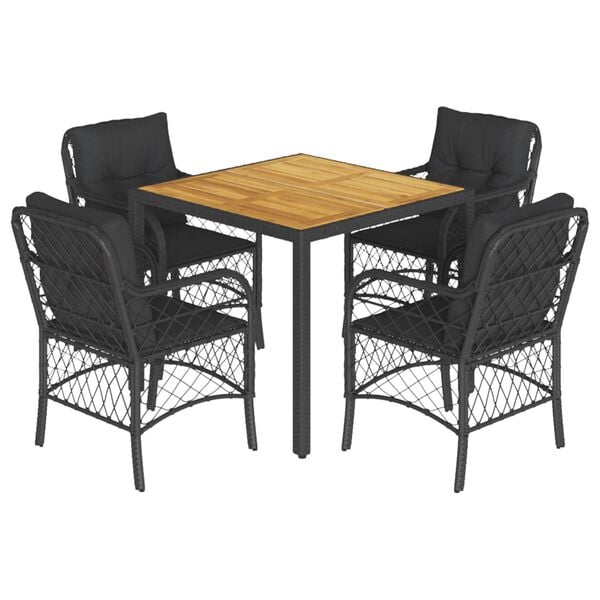 vidaXL 5 Piece Garden Dining Set with Cushions Black Poly Rattan