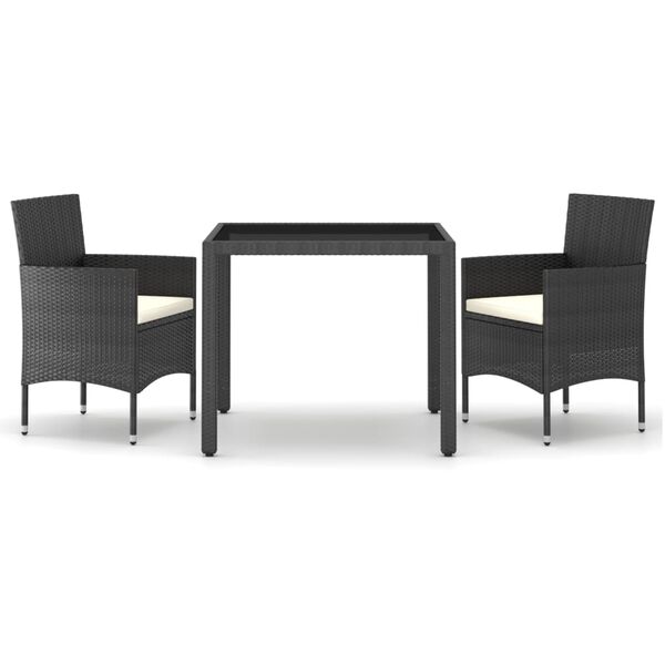 vidaXL 3 Piece Garden Dining Set Poly Rattan and Tempered Glass Black