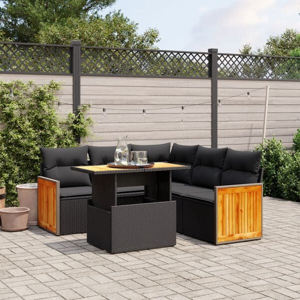 vidaXL 6 Piece Garden Sofa Set with Cushions Black Poly Rattan