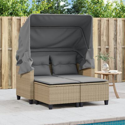vidaXL Garden Sofa 2-Seater with Canopy and Stools Beige Poly Rattan