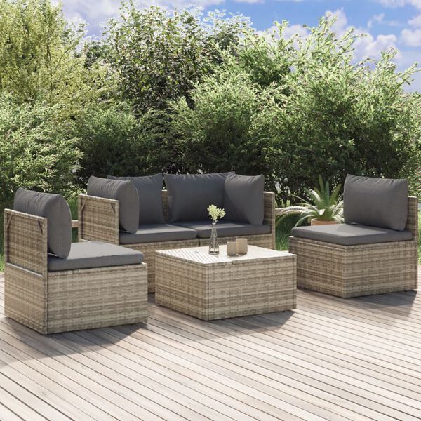 vidaXL 5 Piece Garden Lounge Set with Cushions Grey Poly Rattan