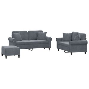 vidaXL 3 Piece Sofa Set with Pillows Dark Grey Velvet