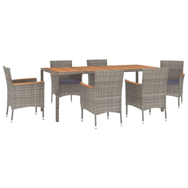 vidaXL 7 Piece Garden Dining Set with Cushions Grey Poly Rattan