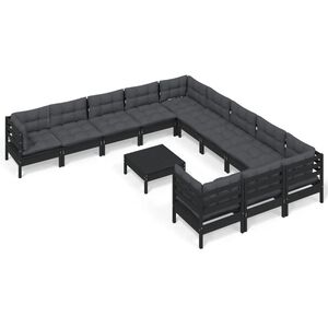 vidaXL 12 Piece Garden Lounge Set with Cushions Black Pinewood