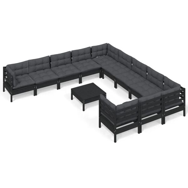 vidaXL 12 Piece Garden Lounge Set with Cushions Black Pinewood