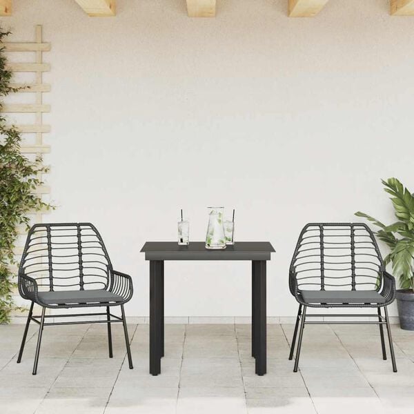 vidaXL 3 Piece Garden Dining Set with Cushions Black Poly Rattan Glass