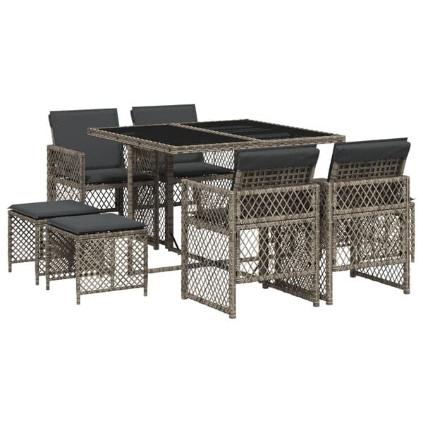 vidaXL 9 Piece Garden Dining Set with Cushions Grey Poly Rattan