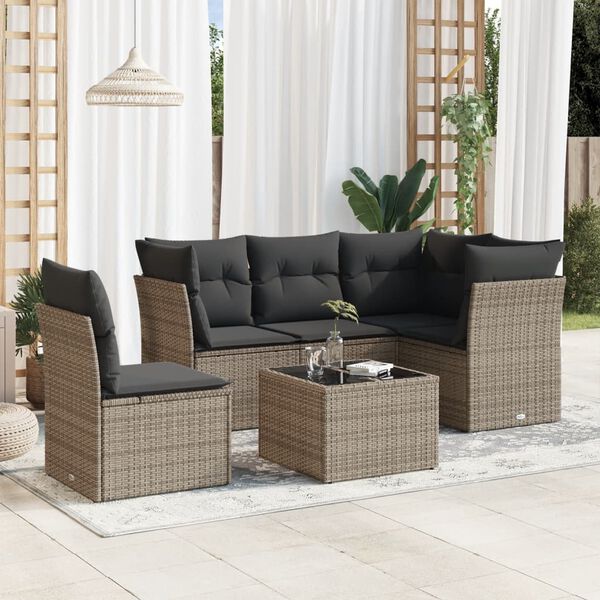 vidaXL 6 Piece Garden Sofa Set with Cushions Grey Poly Rattan