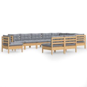 vidaXL 10 Piece Garden Lounge Set with Grey Cushions Solid Pinewood