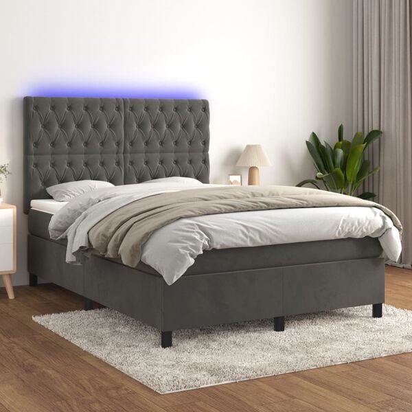 vidaXL Box Spring Bed with Mattress&LED Dark Grey 137x187 cm Double Size Velvet
