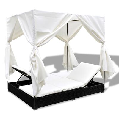 vidaXL Outdoor Lounge Bed with Curtains Poly Rattan Black