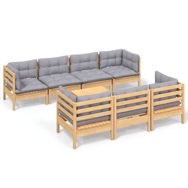 vidaXL 8 Piece Garden Lounge Set with Grey Cushions Solid Pinewood