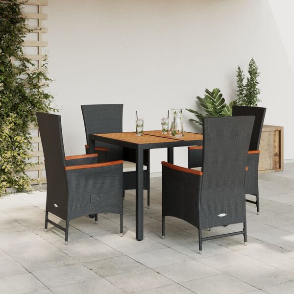 vidaXL 5 Piece Garden Dining Set with Cushions Black Poly Rattan