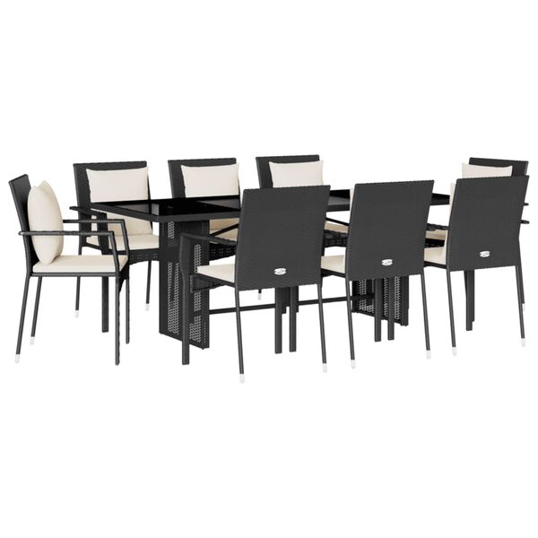 vidaXL 9 Piece Garden Dining Set with Cushions Black Poly Rattan
