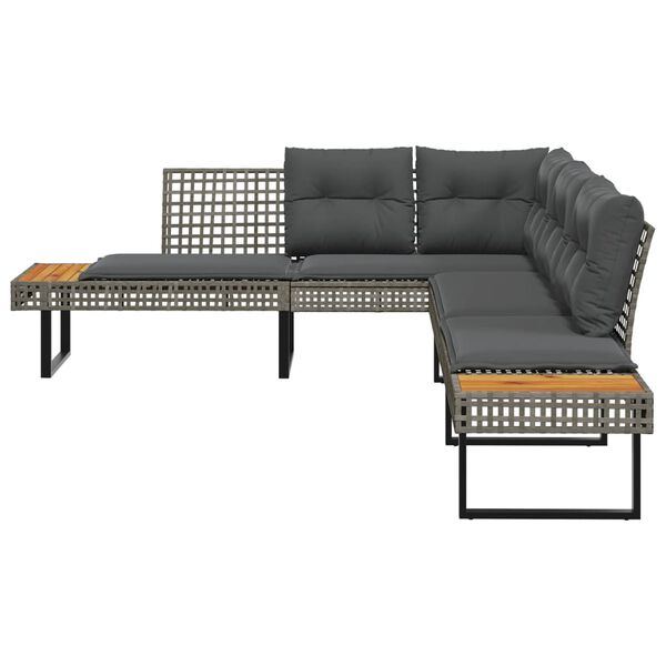 vidaXL Garden Sofa with Cushions L-shaped Grey Poly Rattan and Acacia