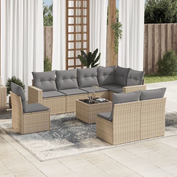 vidaXL 9 Piece Garden Sofa Set with Cushions Beige Poly Rattan