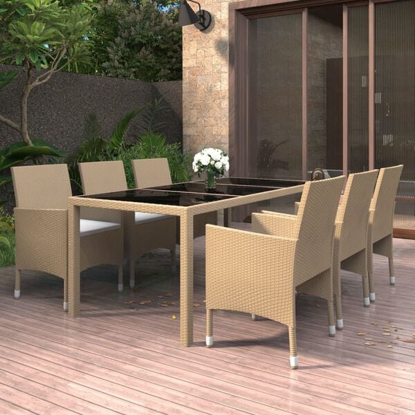 vidaXL 7 Piece Garden Dining Set Poly Rattan and Tempered Glass Beige