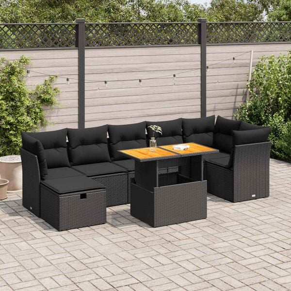 vidaXL 8 Piece Garden Sofa Set with Cushions Black Poly Rattan Acacia