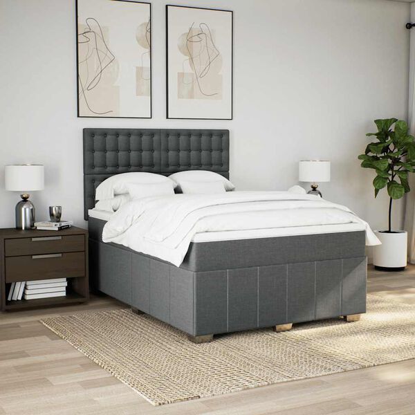 vidaXL Box Spring Bed with Mattress Dark Grey Double Fabric