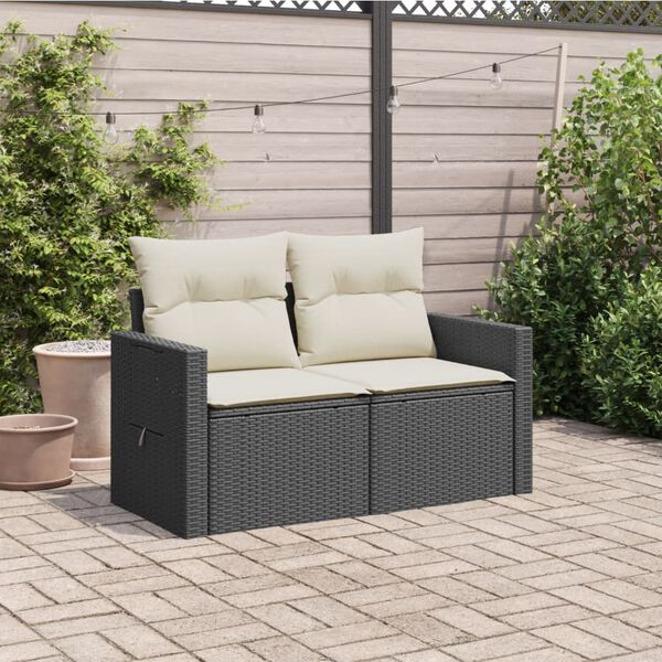 vidaXL Garden Sofa with Cushions 2-Seater Black Poly Rattan