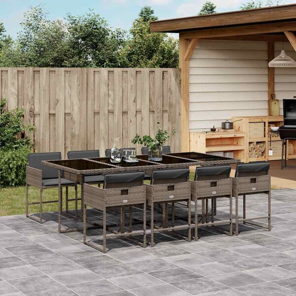 vidaXL 9 Piece Garden Dining Set with Cushions Grey Poly Rattan