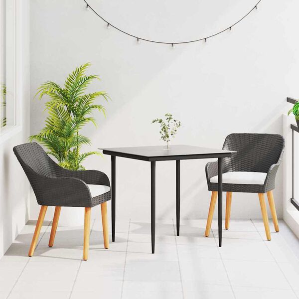 vidaXL Garden Dining Set with Cushion 3 pcs Black Poly Rattan